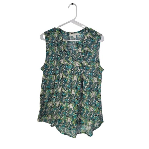 JUNIPER + LIME Womens XL Sleeveless Blouse Pleated Paisley Print Green Blue - Picture 3 of 8